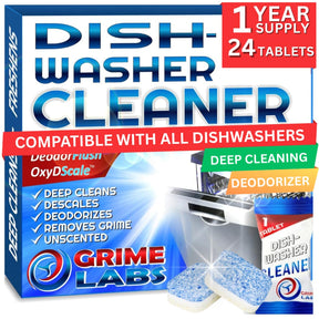 GRIME LABS Dishwasher Cleaner Deodorizer Descaler Tablets, 24 pack Heavy Duty Deep Clean and Natural Limescale Remover, Dish Washer Cleaner Machine Pods, 12 Months Supply
