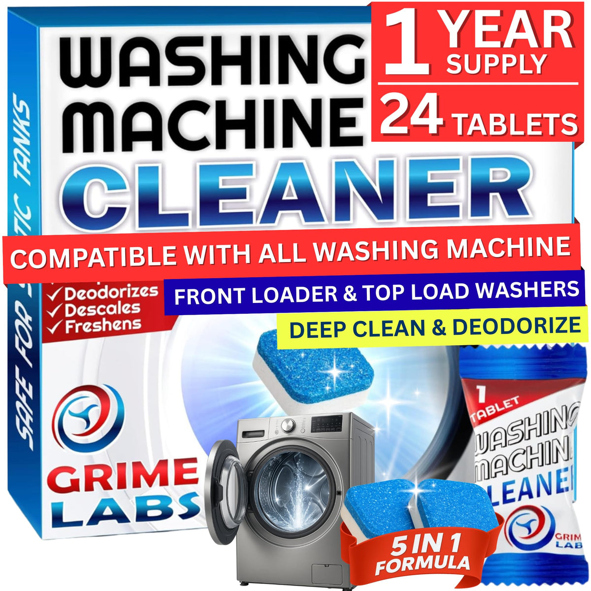 GRIME LABS Washing Machine & Dishwasher Cleaner Tablets Bundle – 12-Month Supply | Deep Cleaning & Deodorizing Tablets for Dishwashers & Washing Machines | 48-Tablet Set – Value Pack