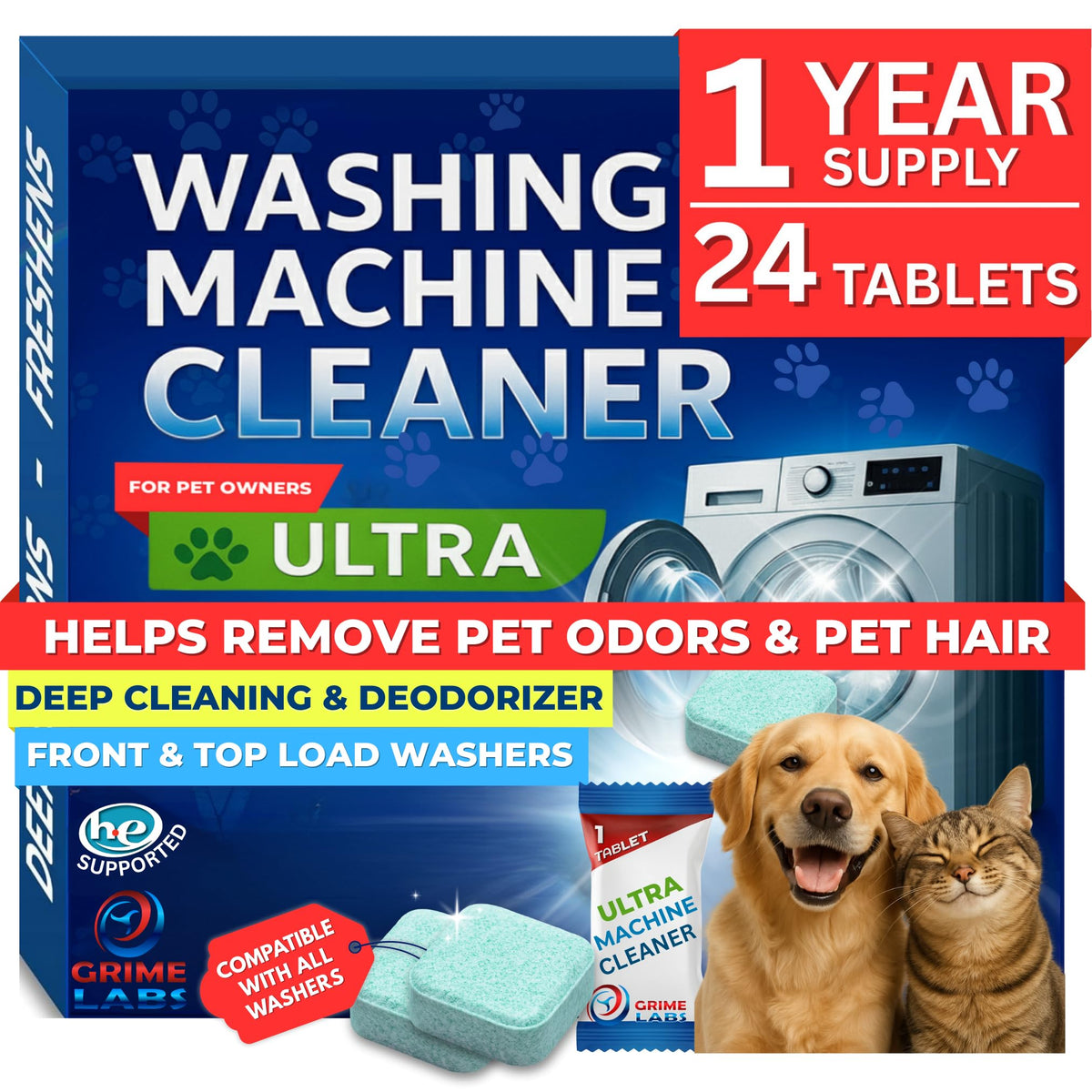 Washing Machine Cleaner Ultra – Pet Owners Edition | Deep Cleaning & Freshening | Removes Odors & Residue from Pet Laundry | Front & Top Load Washers HE Supported | 24 Tablets 1 Year Supply GRIME LABS
