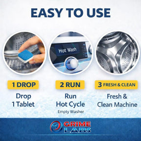 GRIME LABS Washing Machine Cleaner Tablets - Penetrating Deep Clean Washer Cleaner Tablets For Front Loader And Top Load HE - Active Formula Tub Descaler Deodorizer