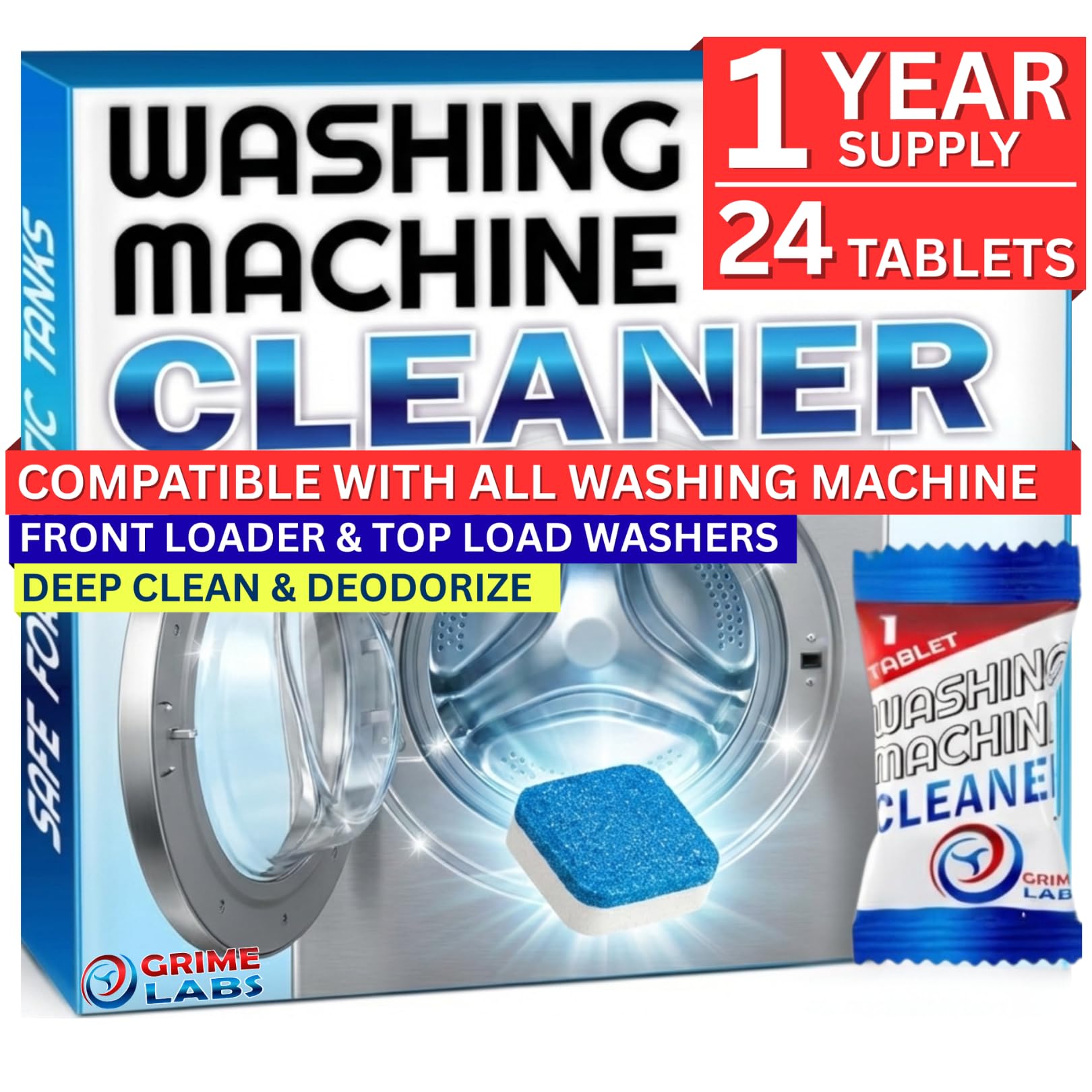 GRIME LABS Washing Machine Cleaner Tablets - Penetrating Deep Clean Washer Cleaner Tablets For Front Loader And Top Load HE - Active Formula Tub Descaler Deodorizer