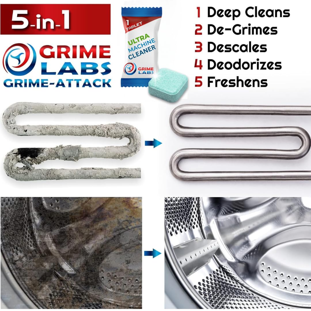 GRIME LABS Washing Machine Cleaner Tablets - Penetrating Deep Clean Washer Cleaner Tablets For Front Loader And Top Load HE - Active Formula Tub Descaler Deodorizer