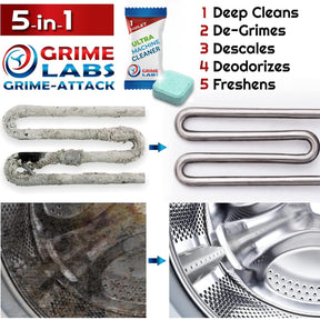 GRIME LABS Washing Machine Cleaner Tablets - Penetrating Deep Clean Washer Cleaner Tablets For Front Loader And Top Load HE - Active Formula Tub Descaler Deodorizer