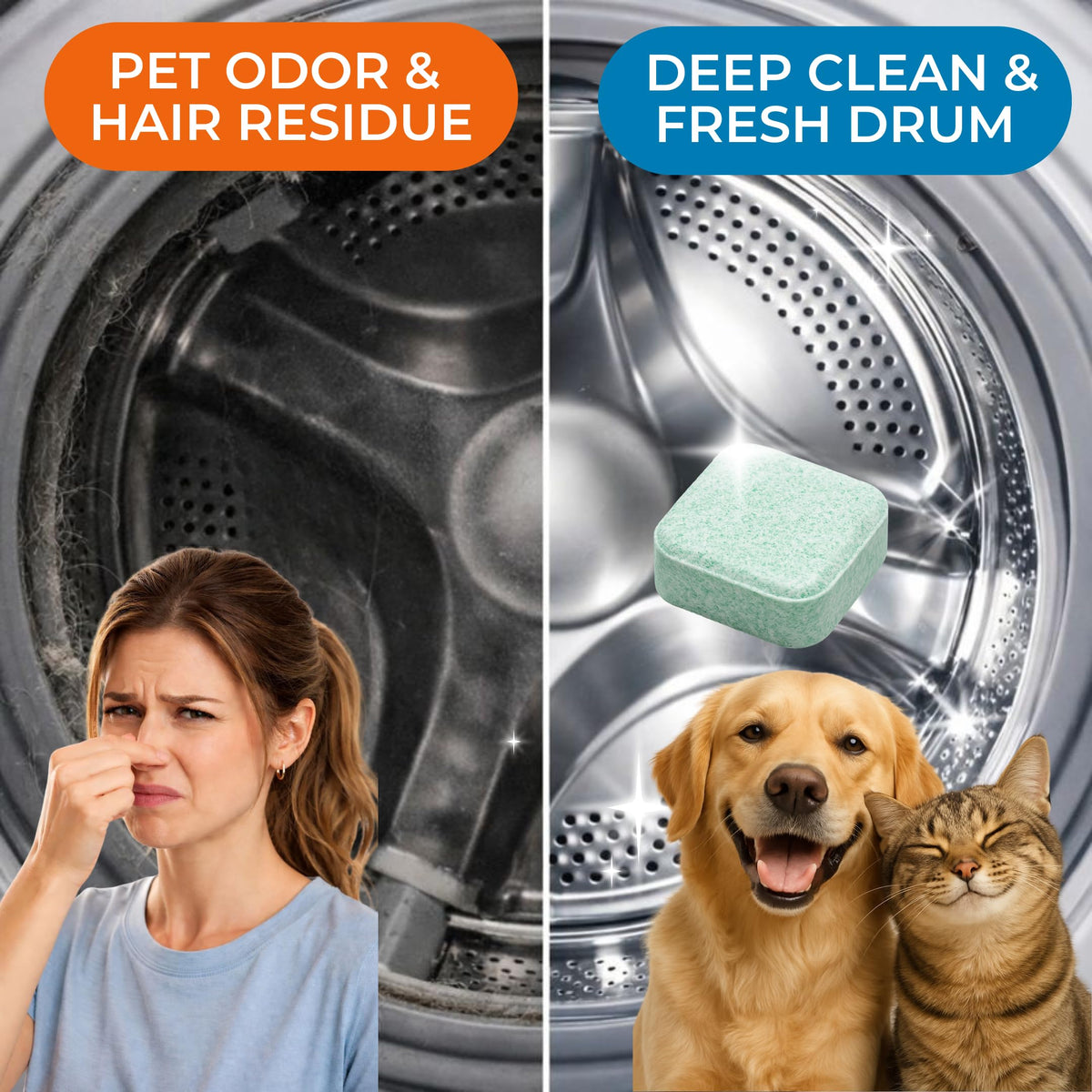 Washing Machine Cleaner Ultra – Pet Owners Edition | Deep Cleaning & Freshening | Removes Odors & Residue from Pet Laundry | Front & Top Load Washers HE Supported | 24 Tablets 1 Year Supply GRIME LABS