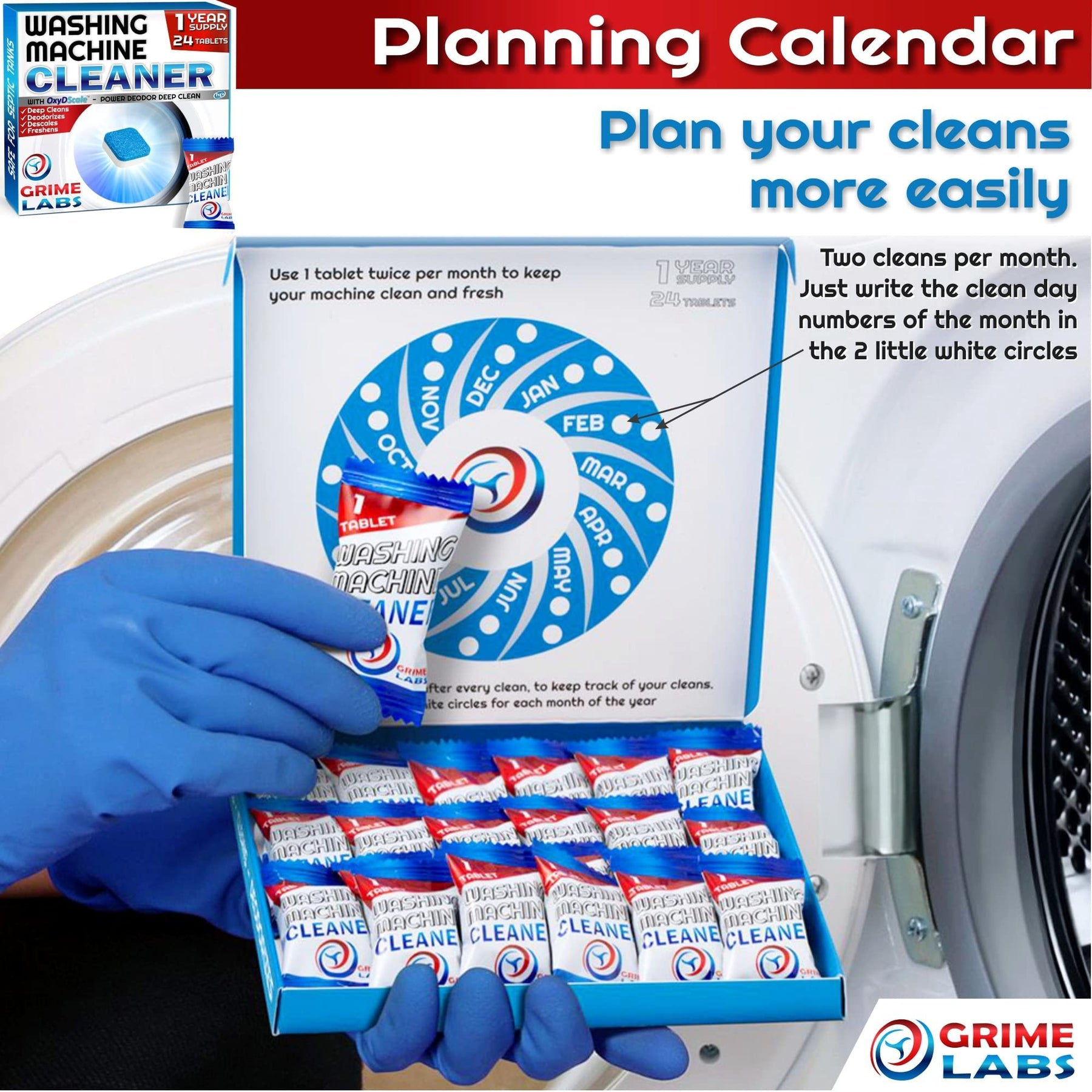 GRIME LABS Washing Machine & Dishwasher Cleaner Tablets Bundle – 12-Month Supply | Deep Cleaning & Deodorizing Tablets for Dishwashers & Washing Machines | 48-Tablet Set – Value Pack