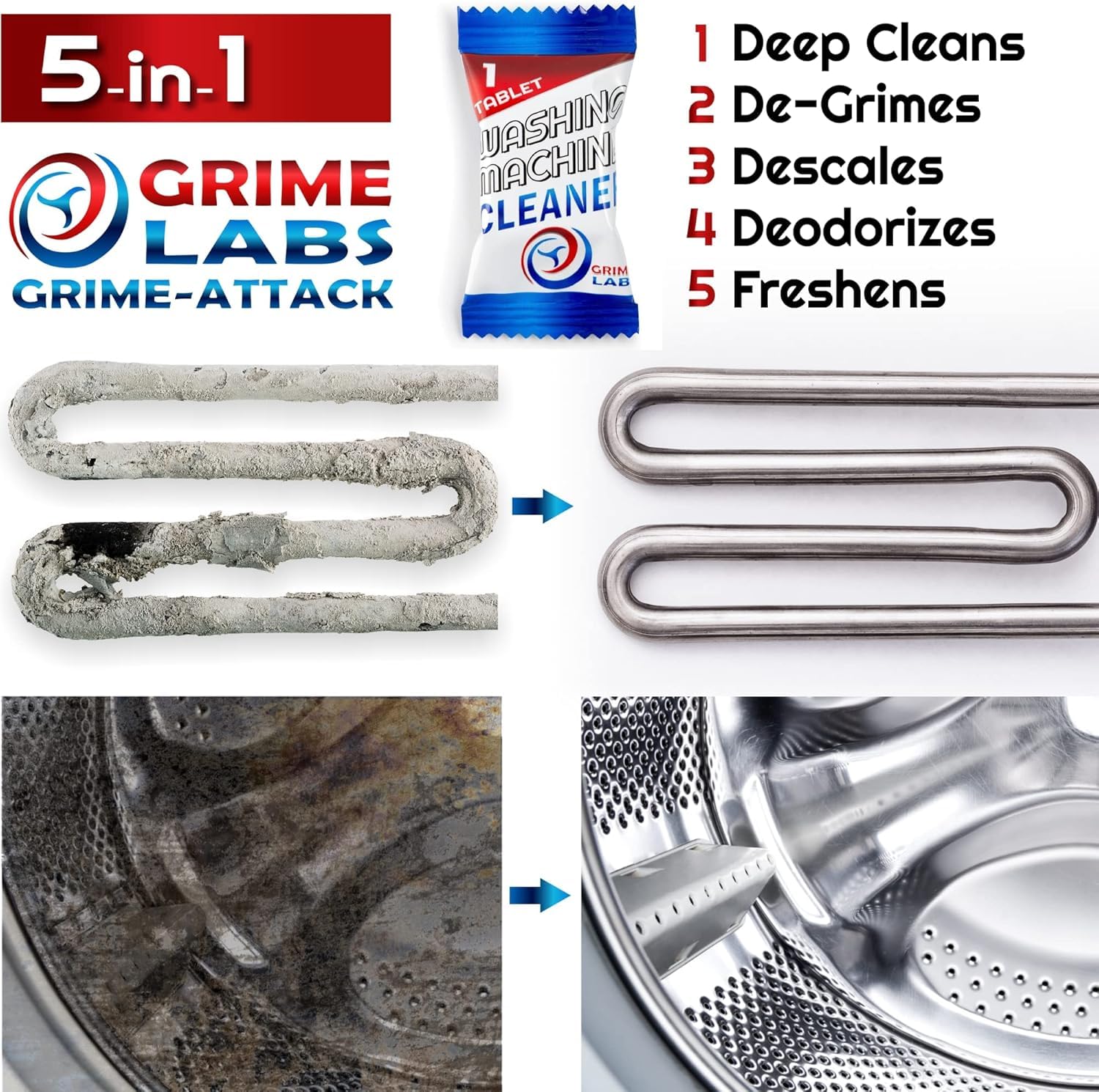 GRIME LABS Dishwasher Cleaner Deodorizer Descaler Tablets, 24 pack Heavy Duty Deep Clean and Natural Limescale Remover, Dish Washer Cleaner Machine Pods, 12 Months Supply