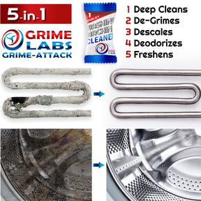 GRIME LABS Washing Machine Cleaner Tablets - Penetrating Deep Clean Washer Cleaner Tablets For Front Loader And Top Load HE - Active Formula Tub Descaler Deodorizer