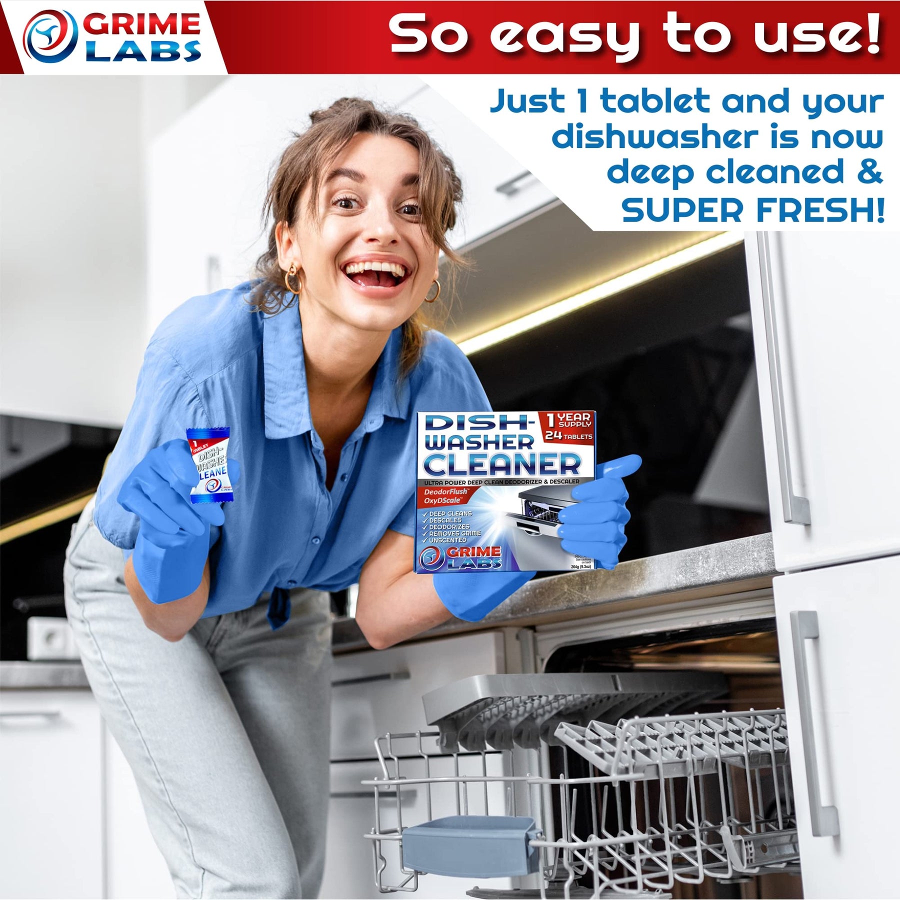 GRIME LABS Dishwasher Cleaner Deodorizer Descaler Tablets, 24 pack Heavy Duty Deep Clean and Natural Limescale Remover, Dish Washer Cleaner Machine Pods, 12 Months Supply