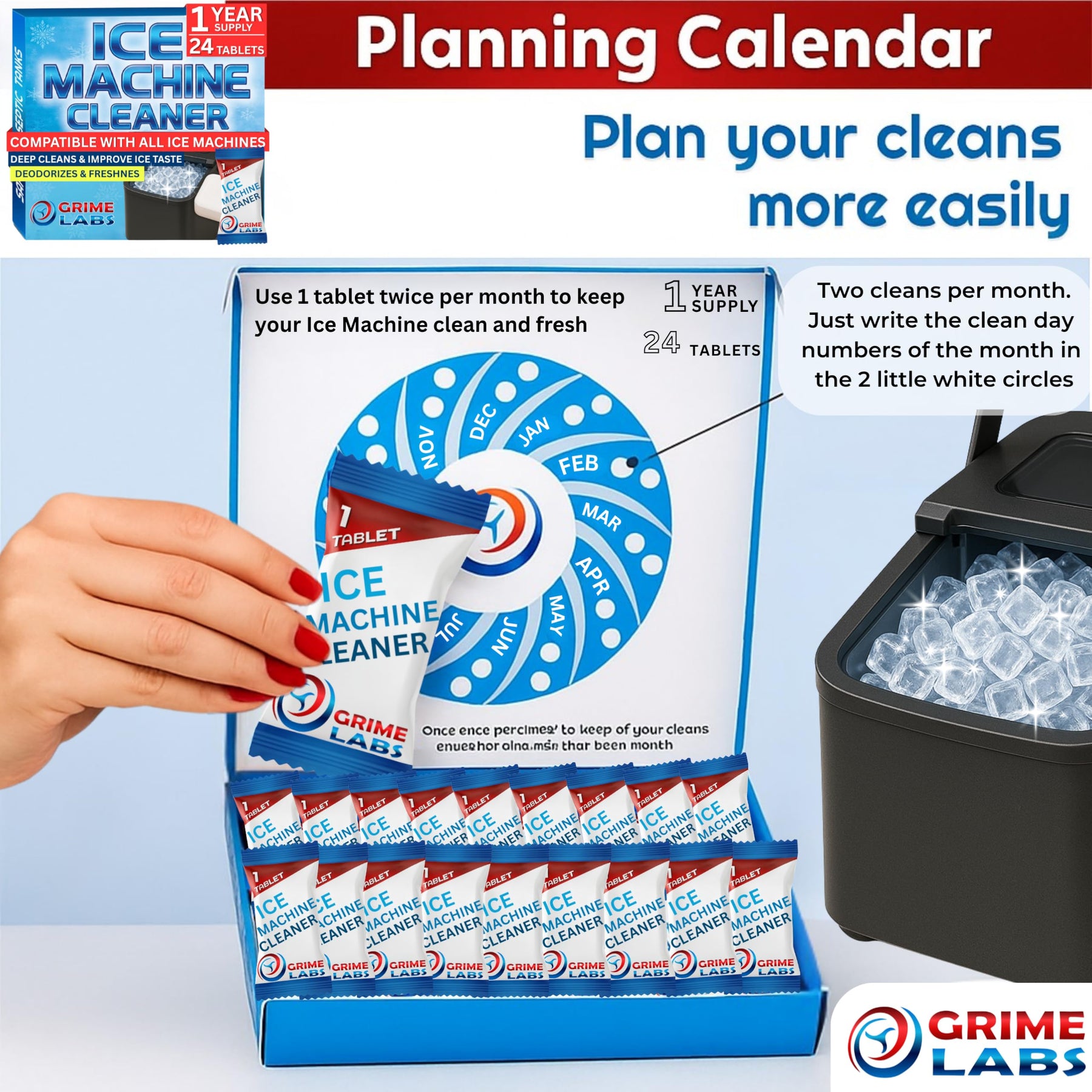 GRIME LABS Ice Machine Cleaner Tablets Descaler – 24 Pack (1 Year Supply) – Nickel-Safe, Removes Mold & Improves Taste – Compatible with Countertop & Nugget Ice Makers
