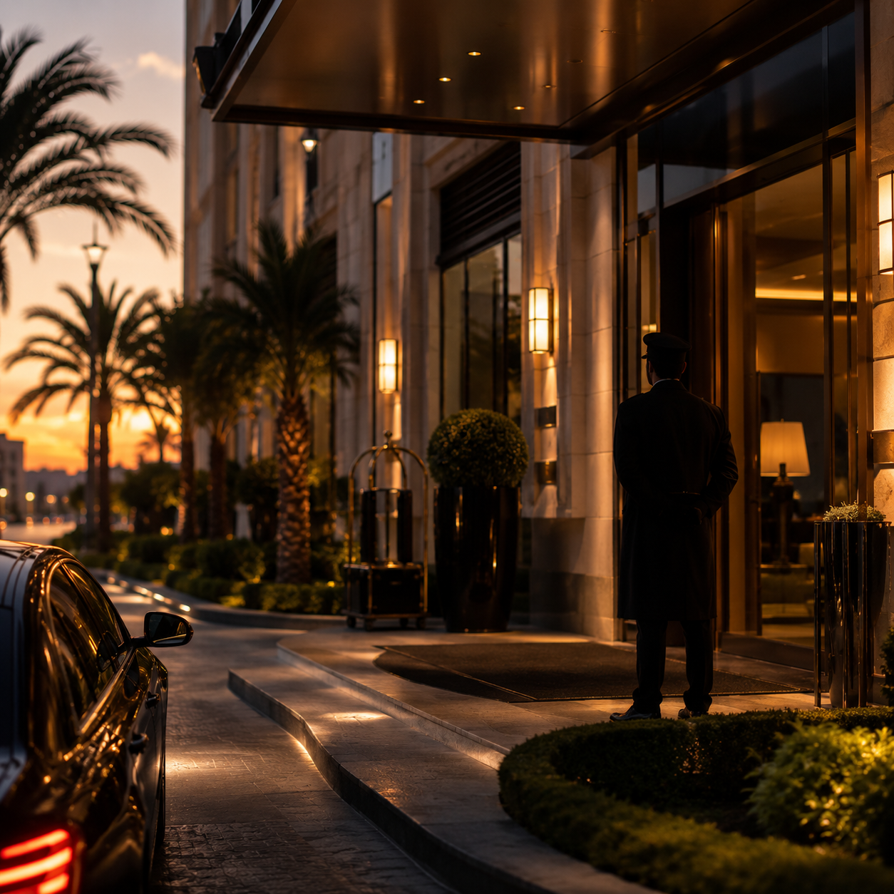 Elegant luxury hotel entrance at dusk