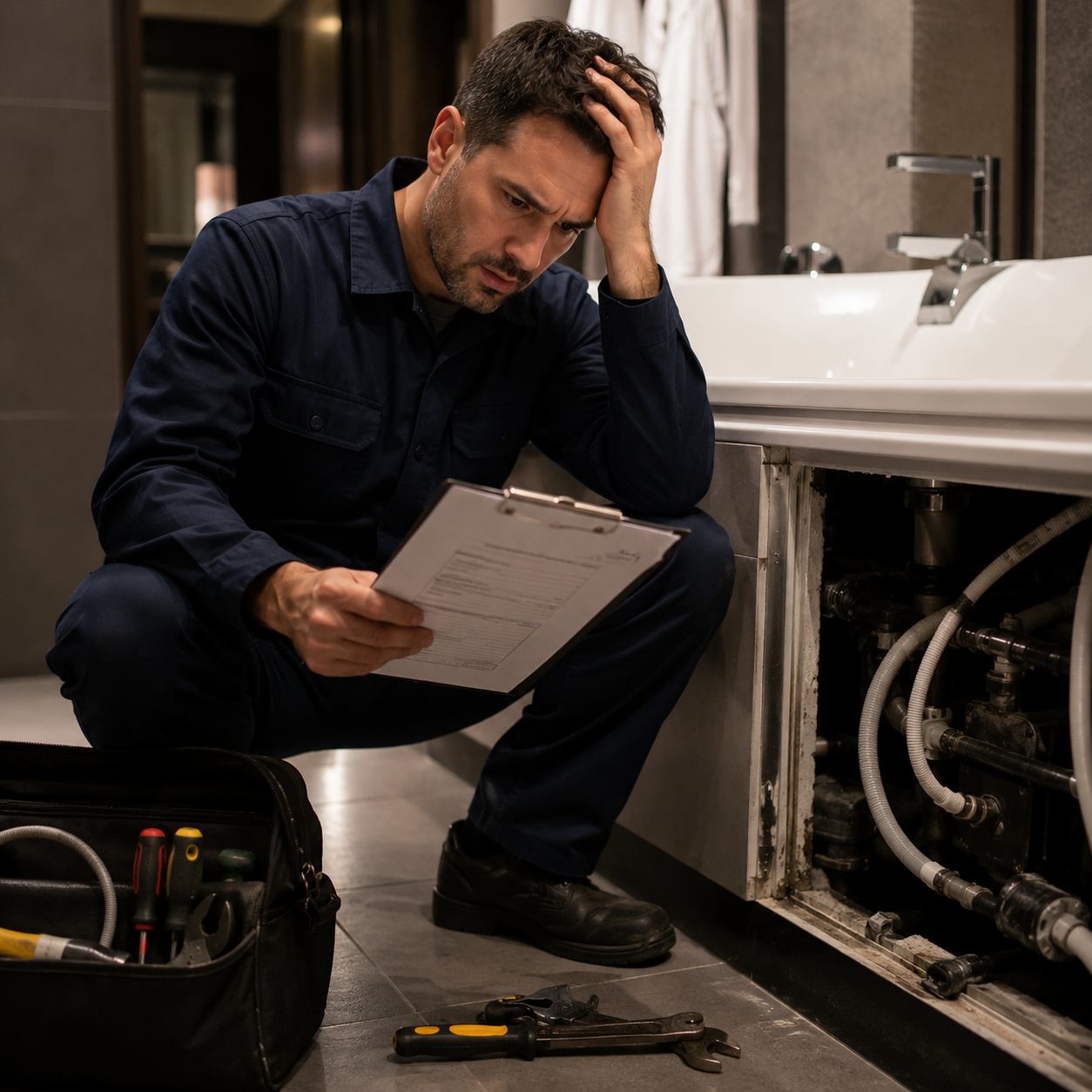 Maintenance technician reviewing repair costs