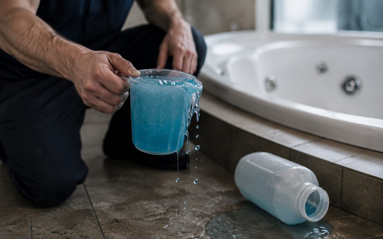 Liquid cleaner spilling on bathroom floor next to a tipped bottle