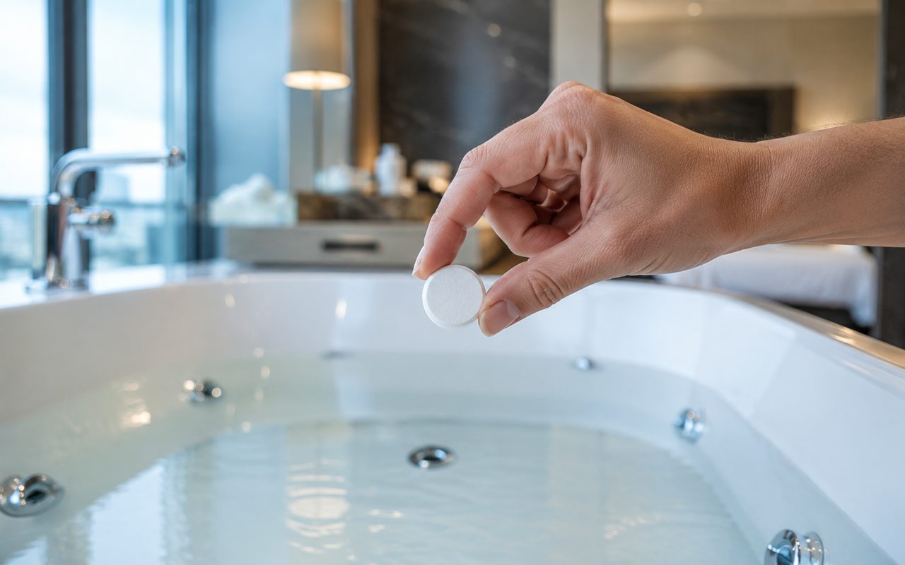 Hand dropping a single cleaning tablet into a clean jetted tub